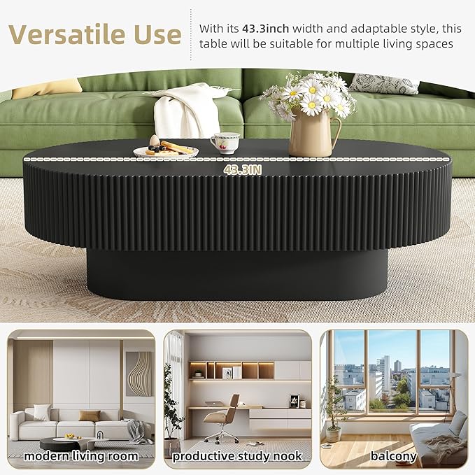 43.3" Oval Wood Coffee Table Modern Black Fluted Coffee Tables for Living Room Drum Coffee Table with Sturdy Pedesta Circular Center Table for Apartment Living Room,Easy Assembly