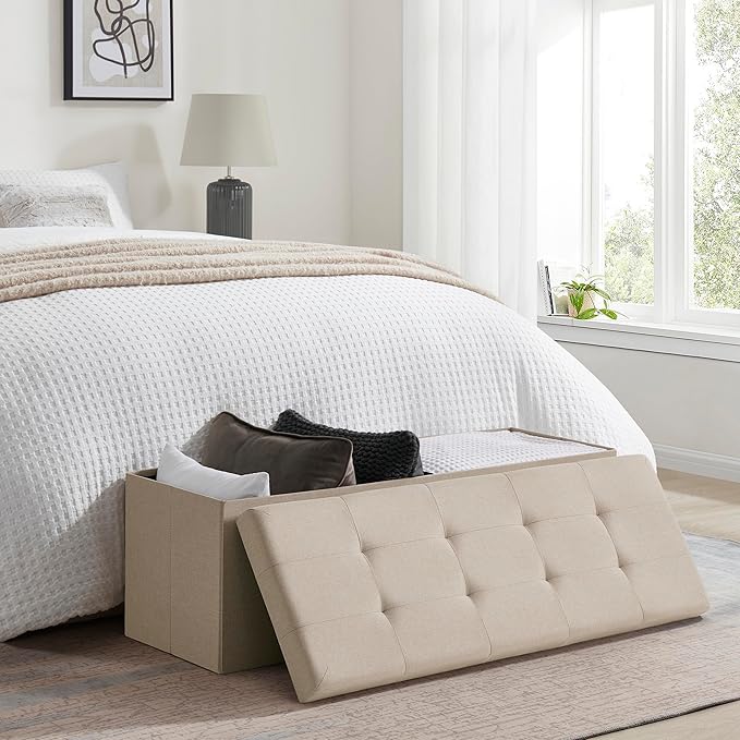 Ornavo Home 43 Inch Folding Storage Ottoman, Long Large Storage Ottoman Chest, Foot Rest Stool, Bedroom Bench - (Beige)