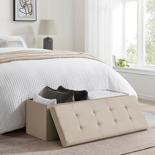 Ornavo Home 43 Inch Folding Storage Ottoman, Long Large Storage Ottoman Chest, Foot Rest Stool, Bedroom Bench - (Beige)