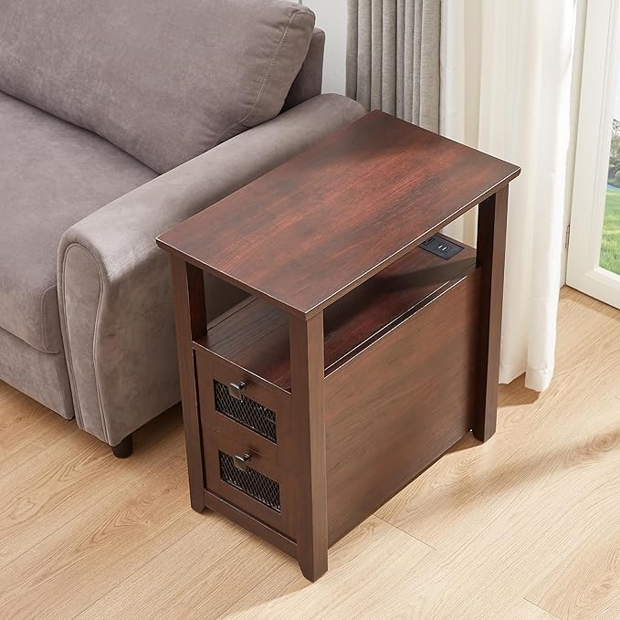 Farmhouse XXL End Table with Charging Station, Narrow Side Table with USB Ports and Outlets, Nightstand with 2 Drawers Storage, Bedside Tables for Living Room, Bedroom, Rustic Cherry