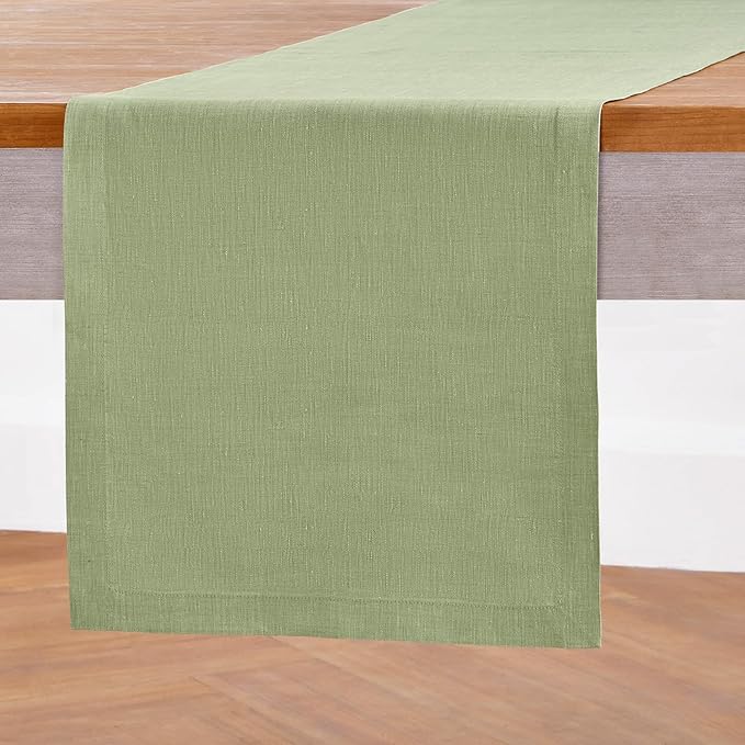 Solino Home Linen Small Table Runner 48 Inches - Athena, 100% Pure Linen Chambray Olive Table Runner 14 x 48 Inch Ideal for Dresser and Coffee Tables - Fall, Autumn, Halloween, Thanksgiving