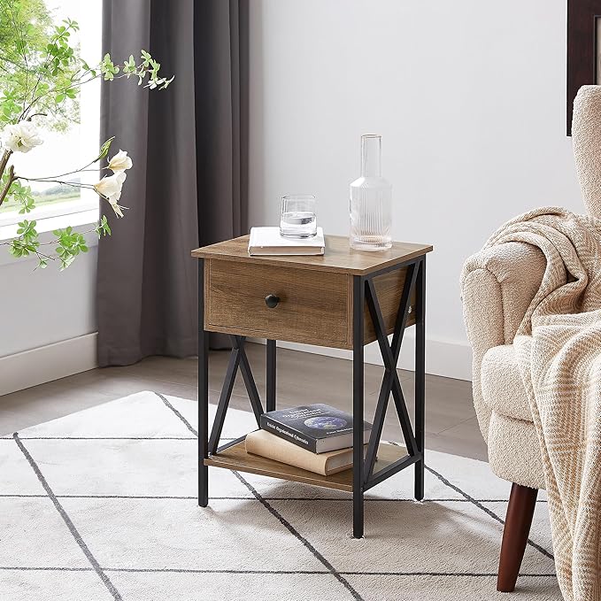 VECELO Nightstands Set of 2, Modern Bedside End Tables, Night Stands with Drawer and Storage Shelf for Living Room Bedroom, Industrial Metal Frame