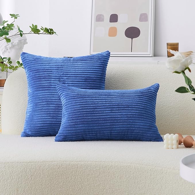 Home Brilliant Throw Pillow Covers Decorative Soft Velvet Corduroy Striped Set of 2 Square Cushion Cover for Couch Bench, 18 x 18 inch, Blue