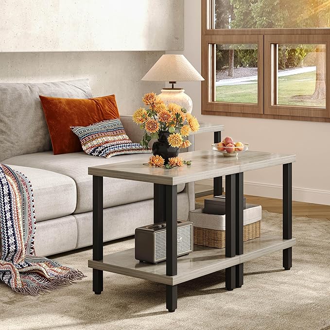 Large End Table Square Side Table Modern Sofa Table 20 Inch Industrial Coffee Table NightStand with 2-Tier Storage Shelf for Living Room Bedroom Oak Grey MLBZ06Z