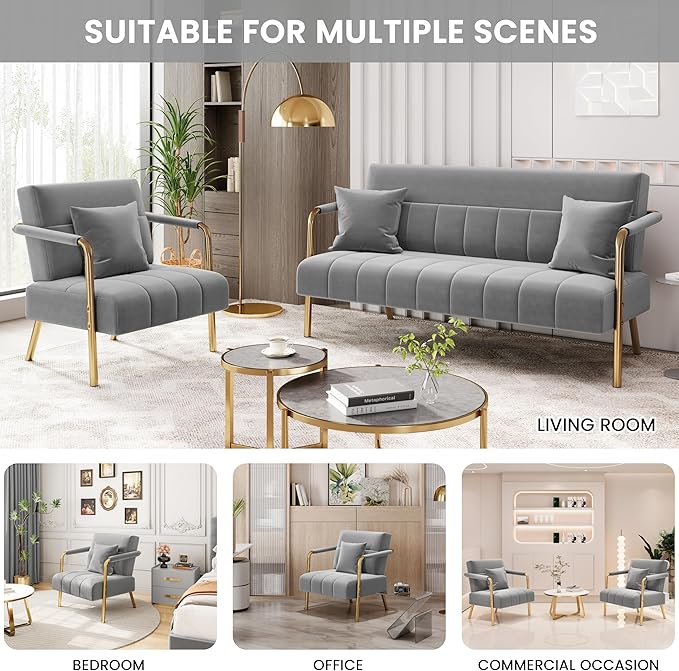 Yaheetech 30" W Accent Chair Velvet Oversized Armchair Living Room Chair with Golden Frame & Cozy Pillow for Living Room, Bedroom, Office Light Gray