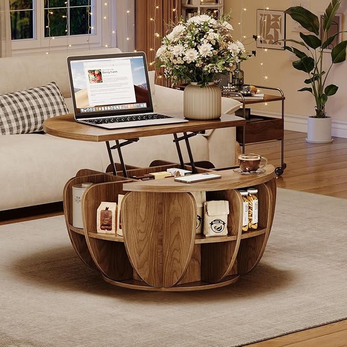32.7" Lift Top Coffee Table with Storage, Wood Round Center Table with Hidden Storage Compartment & Shelves, Mid Century Modern Coffee Tables for Living Room Rustic Accent Small Center Table