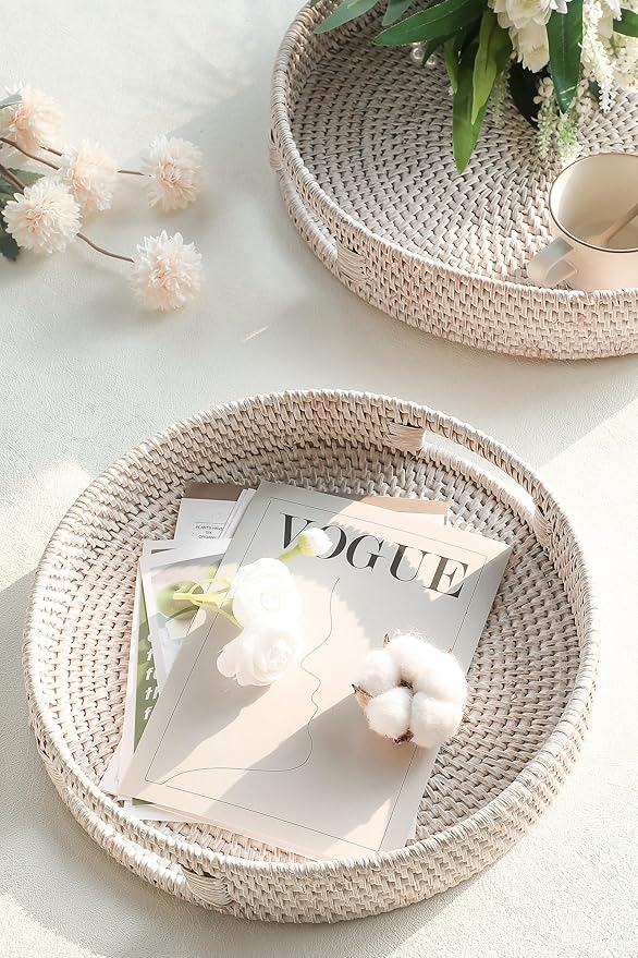 HITOMEN Hand-Woven Round Rattan Serving Tray Decorative Ottoman Wicker Platter with Handles for Coffee Table, Breakfast, Drinks, Snack, Bread, Fruit, Vegetables (Whitewash Set of 2: M+L)