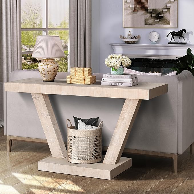 60" Wood Console Table for Entryway Bench with 2-Tier Veneer Storage Cabinet, Rustic Wide Design for Hallway, Living Room & Behind Sofa,Oak