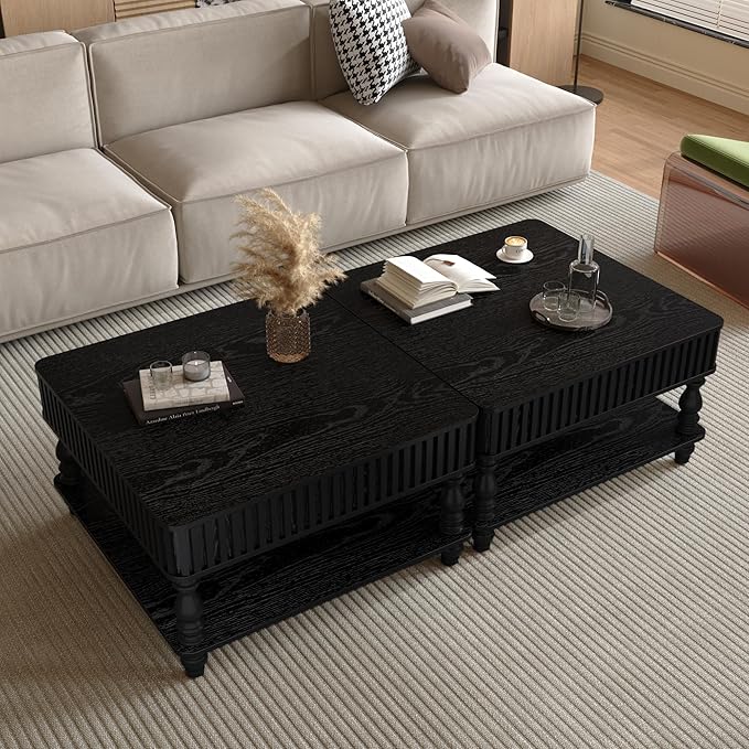 31.5" Lift Top Fluted Coffee Table with Hidden & Open Storage, Modern Square Wooden Center Table Cocktail Tea Table with Curved Safety Corners and Adjustable Height for Living Room, Black