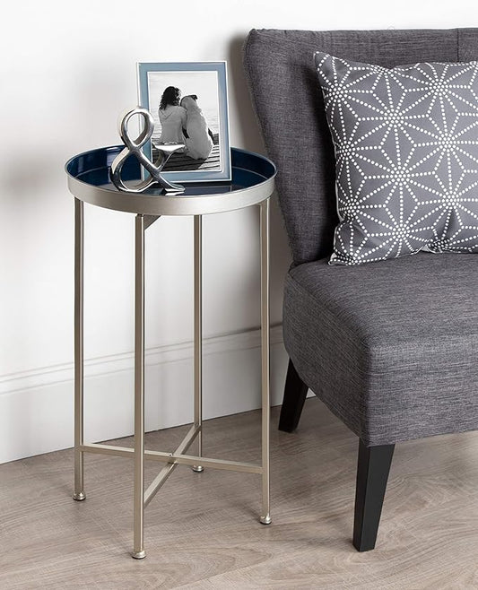 Kate and Laurel Celia Round Foldable Tray Accent Table, 14" x 14" x 25.75", Navy and Silver, Modern Minimalist Design and Magnetic Detachable Tabletop