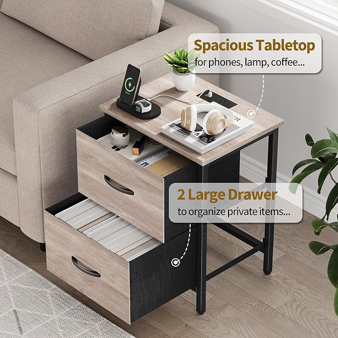 Vagusicc Nightstand Set of 2 with Charging Station, End Table Bedside Table with Power Outlet & USB Ports, Side Table with 2 Fabric Drawers for Bedroom, Living Room, Greige