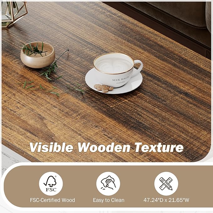 Farmhouse Coffee Table with Drawers 47 in Living Room Tables with Storage, Wooden Rustic Center Table for Reading Playing Room Home Accent Table for Dining Room Apartment, Antique White Walnut