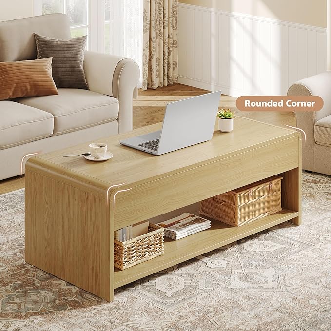 Lift Top Coffee Table, 35'' Modern Coffee Table with Hidden Compartment & Open Shelf, Curved Profile Design, Converts to Home Office Table, Dining Table, Center Table for Living Room, Natural