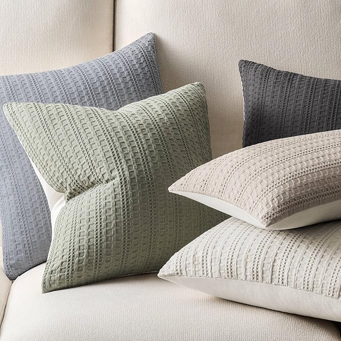 ZeeMart 100% Cotton Waffle Textured Throw Pillow Covers Set of 2, 16x16 Inch Ecru, Soft Farmhouse Decorative Couch Pillow Cases Beige Cushion Covers for Sofa Bed Living Room Home Decor