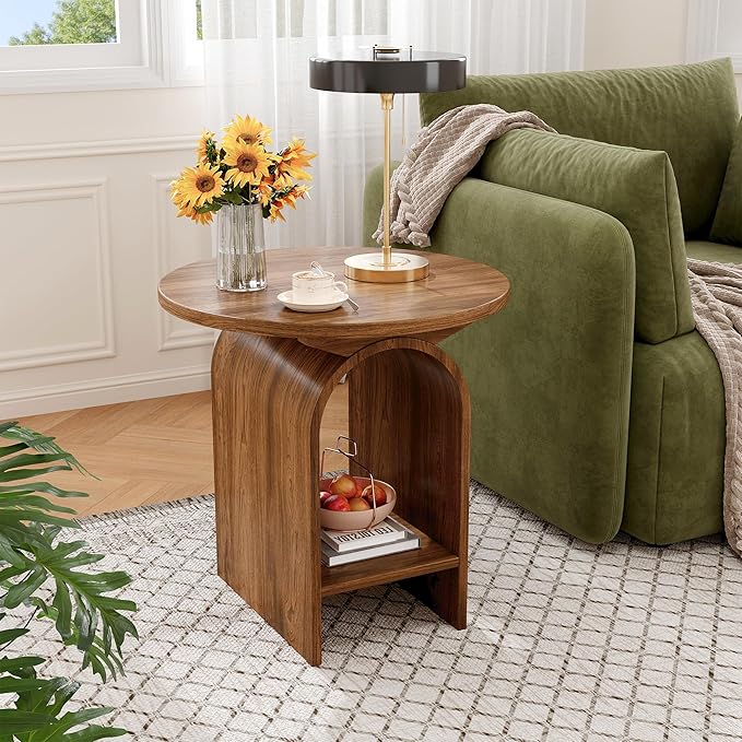 Side Table Set of 2, Round Coffee Table for Living Room, 2-Tier end Table with Storage and Thickened Tabletop, Modern Center Table Boho Small Bed Side Table for Living Room Office, Walnut