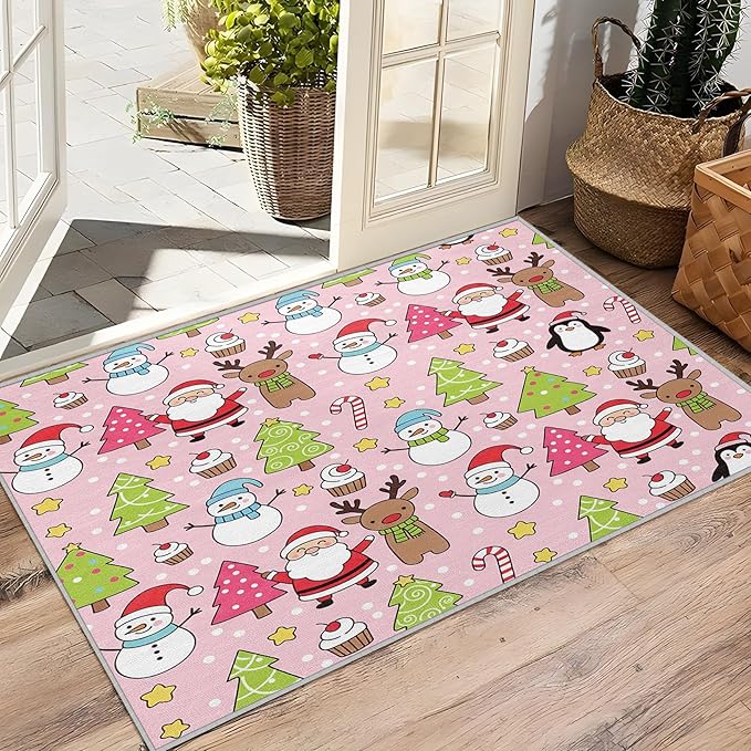 Pink Christmas Rug Indoor - 8x10 Rug, Kids Santa Snowman Living Room Rugs, Pink Christmas Bedroom Rugs, Xmas Tree Candy Cane Carpet, Cartoon Reindeer Home Decor & Gifts
