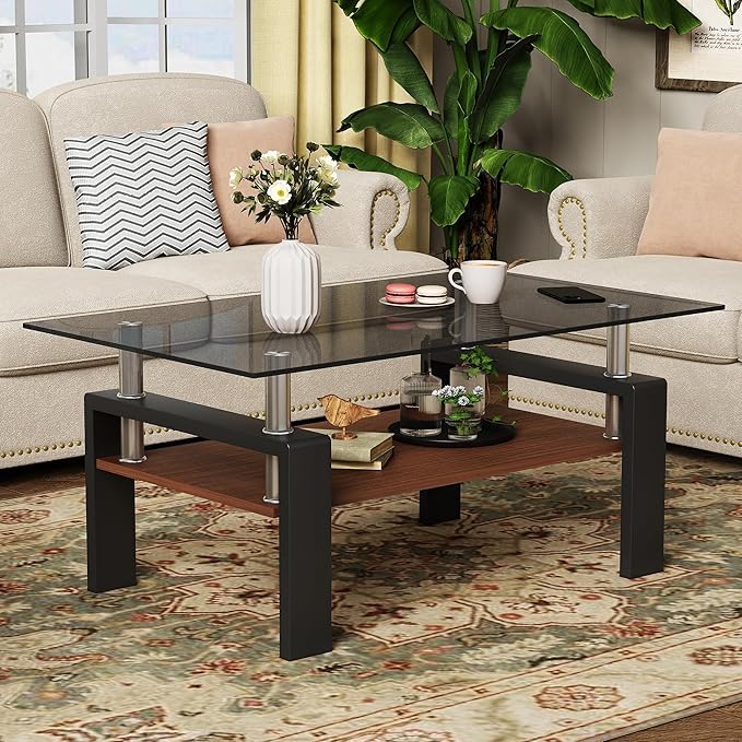 Modern Coffee Table with Tempered Glass Top, MDF Shelf and Metal Legs, Two-Tier Living Room Table, Sturdy Coffee Table for Small Spaces, Lounge, or Office (Grey Glass+Brown+Black)