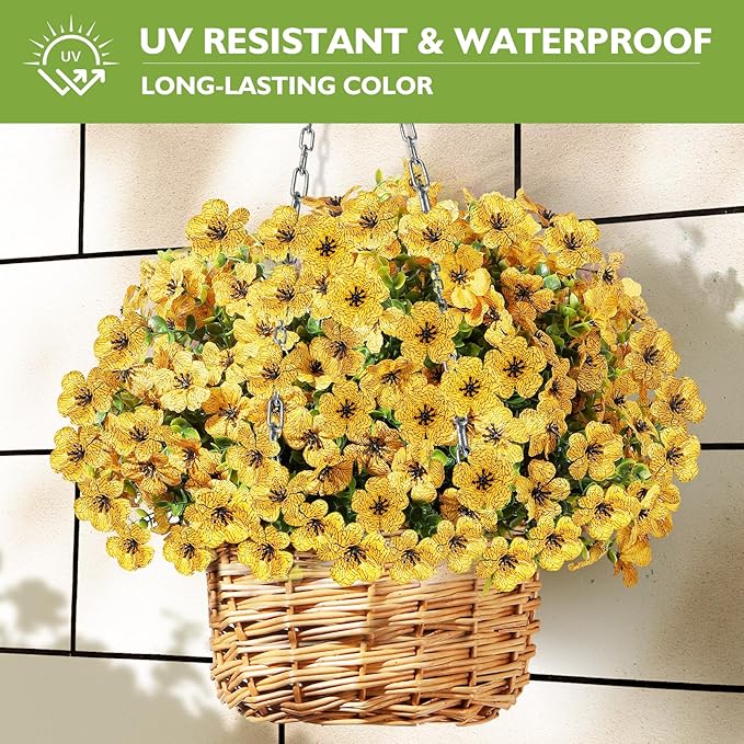 14 Bundles Artificial Flowers UV Resistant for Patio Outdoors Fake Faux Silk Plants Realistic Plastic Flowers Indoors Porch Window Home Decoration (14, Yellow)