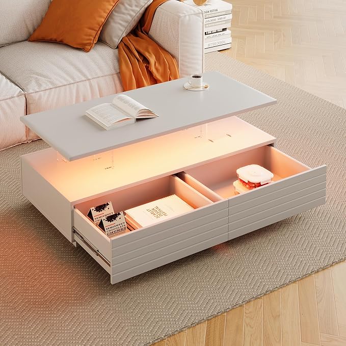 Modern White Rectangular LED Lights Coffee Table with 2 Drawers in 47.2"