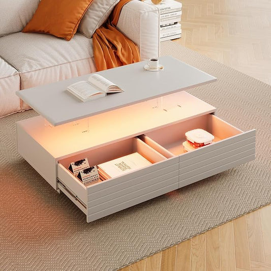 Modern White Rectangular LED Lights Coffee Table with 2 Drawers in 47.2"