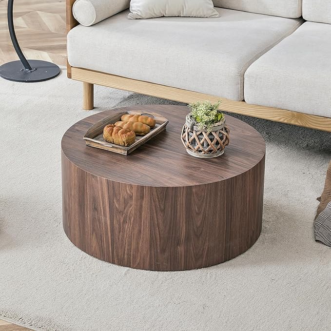 27.5" Round Wood Coffee Table, Modern Coffee Tables in Walnut Wood Finish for Living Room, Contemporary No Assembly Circle Wooden Center Cocktail Table for Bedroom, Reception Room