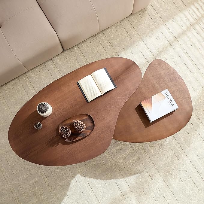 Modern Nesting Coffee Table Set of 2 for Living Room,Irregular Shape End Side Tables for Office,Easy Assembly,Walnut