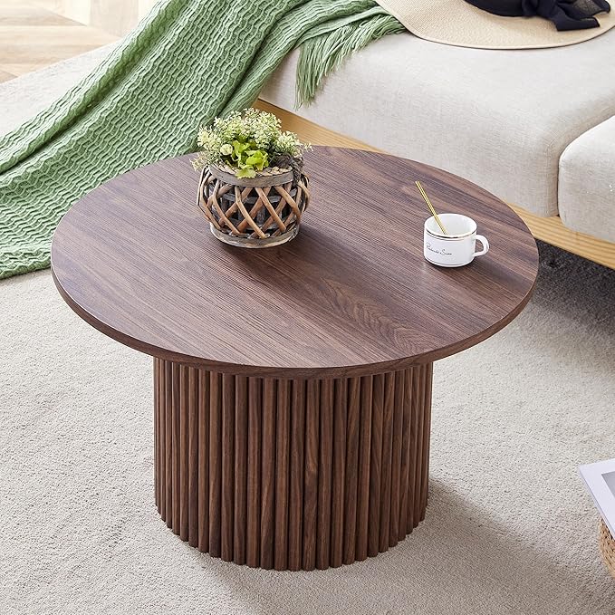 27.5" Modern Round Coffee Table with Storage, for Living Room, Circle Wood Accent Center Table for Apartment, Walnut