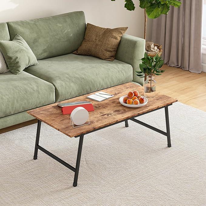 Black Coffee Table Foldable,Simple Modern Rectangular Center Table, Industrial Wood Tabletop and Metal Frame, Low Coffee Table for Home Office, Living Room,No Assembly,Rustic Brown