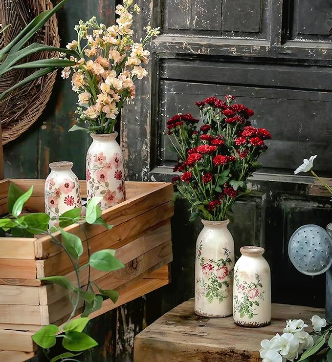 Ceramic Rustic Farmhouse Vase, Distressed Flower Vase for Home Decor, Ideal Shelf Decor, Boho Vase for Living Room Bedroom Kitchen Office Decor Centerpiece Table Decorations (6 inches)…