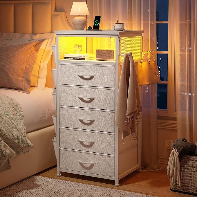 EnHomee Tall Night Stand with 5 Drawers, LED Nightstand with Ports & Outlets, White Dresser with Extra Side Bag & Storage Shelf & Hooks, Bedroom, Dorm, Closet