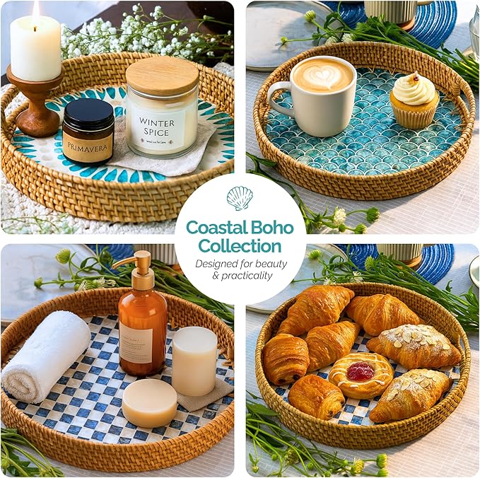 JUNGLE CULTURE Rattan Serving Tray 12" with Mother of Pearl Inlay • Coastal Boho Collection • Handcrafted Woven with Handles for Home • Round Dining Table Tray • Wicker Serving Basket – Drift