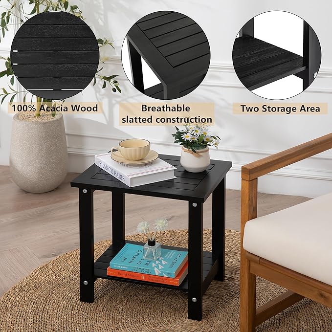 Black Adirondack Outdoor Accent Table – Weather-Resistant Acacia Wood Outdoor End Table with Double Storage, Small Porch Table for Patio, Garden, Lawn, Balcony, and Living Room Use
