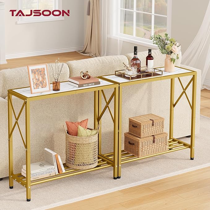 Tajsoon 28.3" Entryway Table, 2-Tier Small Consle Table for Entryway, Narrow Sofa Table with Shelves, Entrace Table for Hallway, Living Room, Corridor, Office, Gold & White