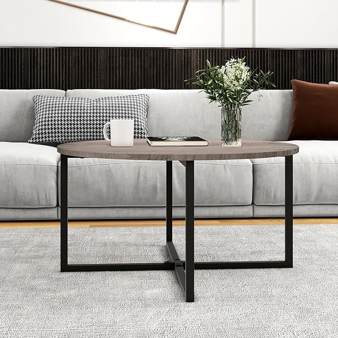 HOMERECOMMEND Round Coffee Table Nesting Tables for Living Room Tea Desk with Black Metal Legs Tea Table Balcony End Sofa Table Study,Black+Grey