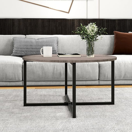 HOMERECOMMEND Round Coffee Table Nesting Tables for Living Room Tea Desk with Black Metal Legs Tea Table Balcony End Sofa Table Study,Black+Grey