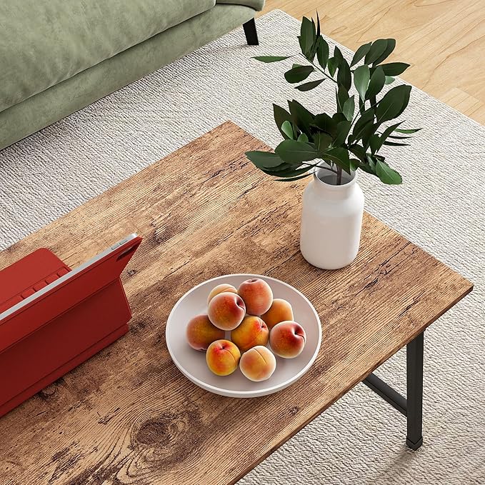 Black Coffee Table Foldable,Simple Modern Rectangular Center Table, Industrial Wood Tabletop and Metal Frame, Low Coffee Table for Home Office, Living Room,No Assembly,Rustic Brown