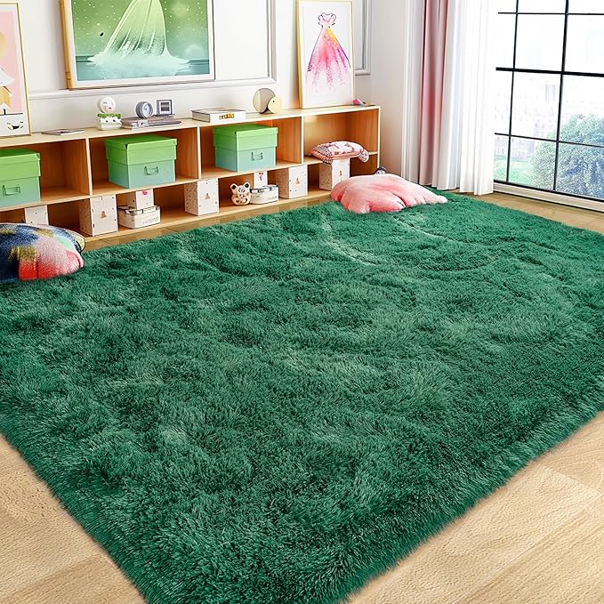 8x10 Large Area Rugs for Living Room, Ultra Fluffy Shag Rug for Bedroom, Modern Plush Soft Carpet for Girls Boys Kids Room Dorm Fuzzy Non Slip Rug for Home Decor Aesthetic, Dark Green