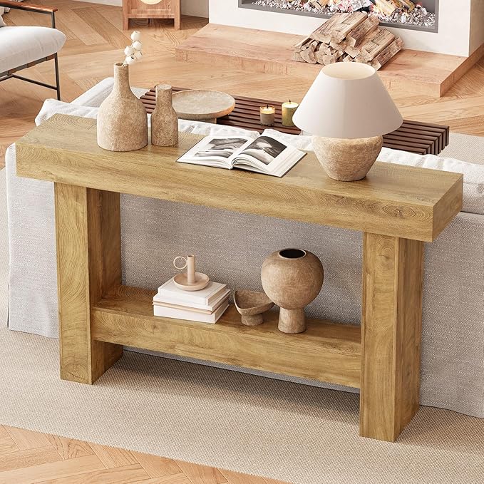 Farmhouse Console Table, 55'' Entryway Tables with Storage, 2-Tier Wooden Modern Console Tables Rectangular Sofa Table for Living Room, Entrance, Hallway (Grayish Brown)