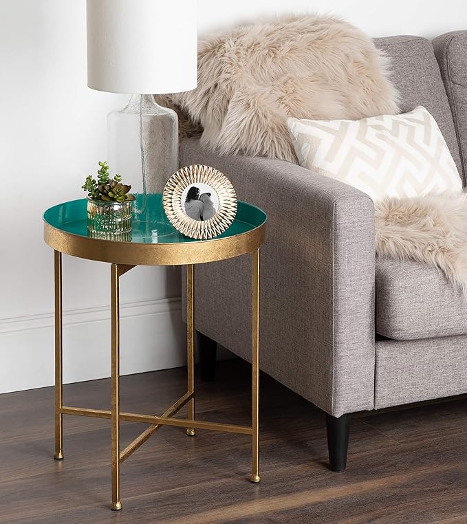 Kate and Laurel Celia Metal Foldable Round Accent Table, 18.25" x 18.25" x 22", Teal and Gold, Modern Minimalist Design and Detachable Magnetic Tabletop