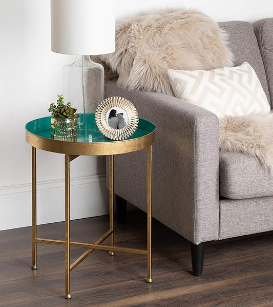 Kate and Laurel Celia Metal Foldable Round Accent Table, 18.25" x 18.25" x 22", Teal and Gold, Modern Minimalist Design and Detachable Magnetic Tabletop