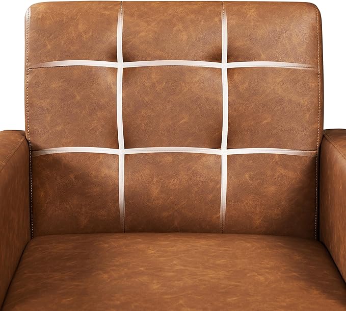 Yaheetech Mid-Century Accent Chairs, PU Leather Modern Upholstered Living Room Chair, Cozy Armchair Button Tufted Back and Wood Legs for Bedroom/Office/Cafe, Retro Brown
