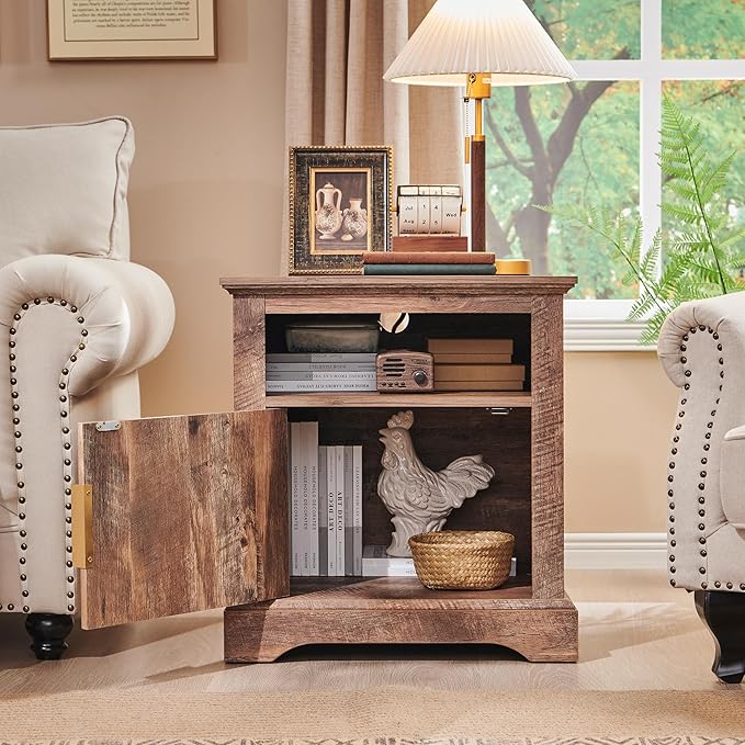 Fluted Nightstand Set of 2, 22" Large Modern Side Table with Charging Station, Wood End Table w/Open Shelf, Bedside Table with Storage Space for Bedroom, Living Room (Light Brown)