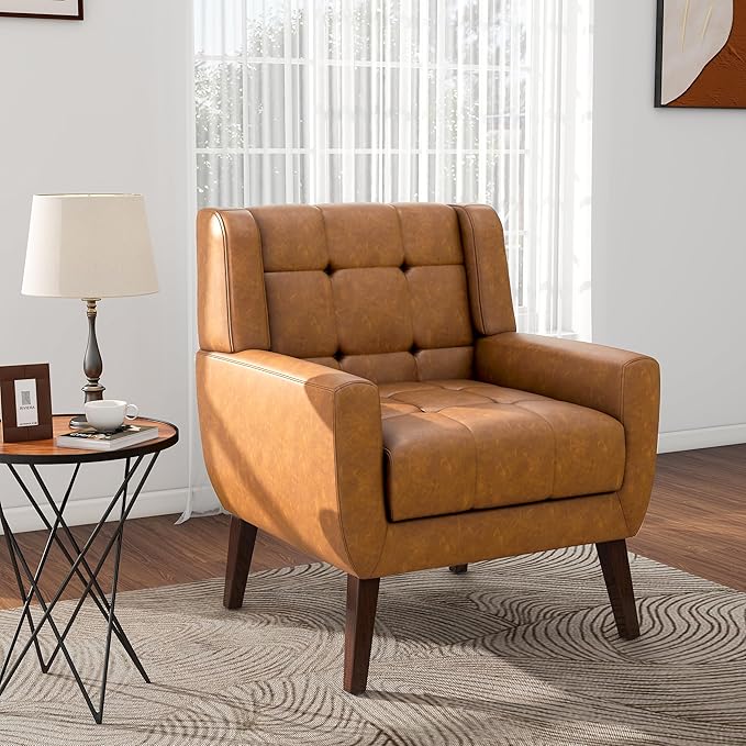 Pia Ricco 2 Pack Mid Century Modern Accent Chairs, Button Tufted Faux Leather Armchairs - Easy-Clean Matching Set for Living Room, Durable Sofa Chairs for Home Office & Lounge, Brown