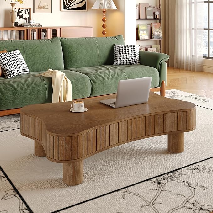 42.5" Lift Top Fluted Coffee Table with Hidden Storage Compartment, Modern Cloud-Shaped Wooden Center Table Cocktail Tea Table with Curved Safety Corners and Adjustable Height, Walnut