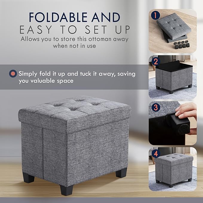 Ornavo Home Storage Ottoman Small Rectangle Ottoman with Legs, Foot Rest Stool Seat, Load up to 600 LB, for Living Room, Bedroom, Home Office, Dorm - 12 x 16 x 12, Gray