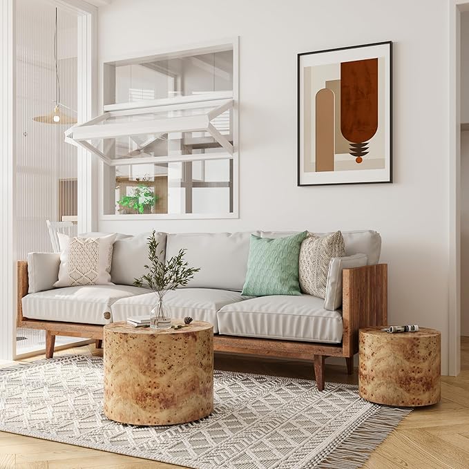 Nesting Coffee Table Set of 2 for Living Room, Modern Round Wooden Circle Accent Side Tables for Small Spaces, Bedroom, Balcony, Office, Natural Burl Finish (19"+15")