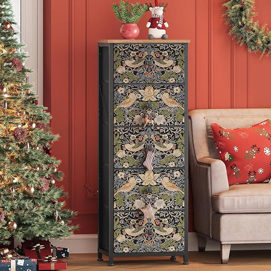 Dresser with 5 Fabric Drawers Strawberry Thief Drawer Dresser for Bedroom Vintage Nightstand Dressers & Chests of Drawer for Halfway Entryway Living Room Sturdy Steel Frame Wood Top, Brown