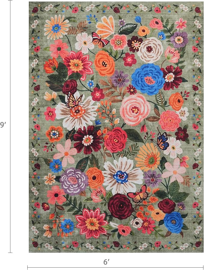 Floral Washable 6x9 Area Rugs Green, Soft Bedroom Rug for Living Room Ultra-Thin Non Slip Dining Room Rug, Stain Resistant Rugs Easy Clean Throw Carpet for Office(6 x 9, Green Garden)