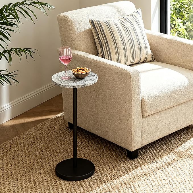 Nature Marble Drink Table, Pedestal Table, Small Round Side Table, Martini Table for Living Room, Bathroom, Small Space (Black 2)