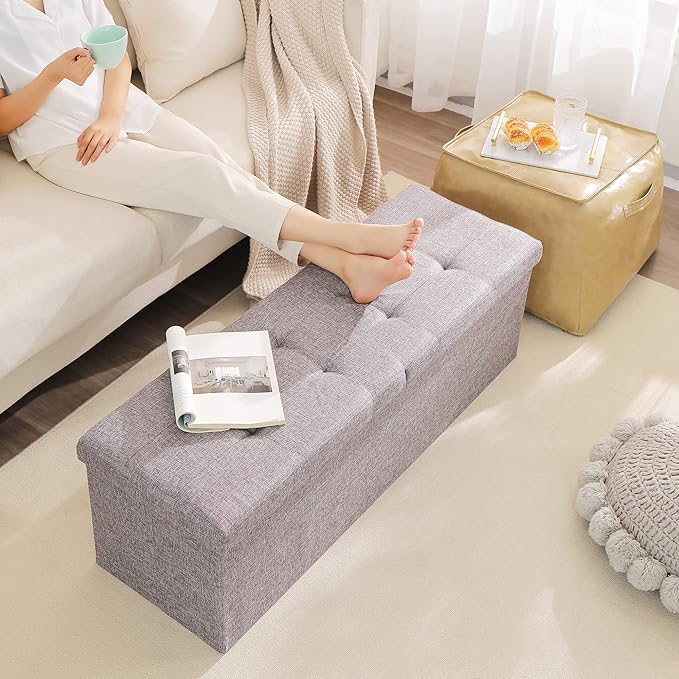 Cuyoca 45.3 Inches Foldable Seat Footrest Shoe Bench End of Bed Storage with Flipping Lid, 166L Upholstered Tufted Bench, Linen Fabric Grey